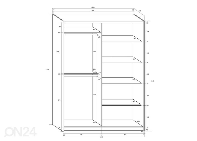 Lükandustega riidekapp 160 cm suurendatud