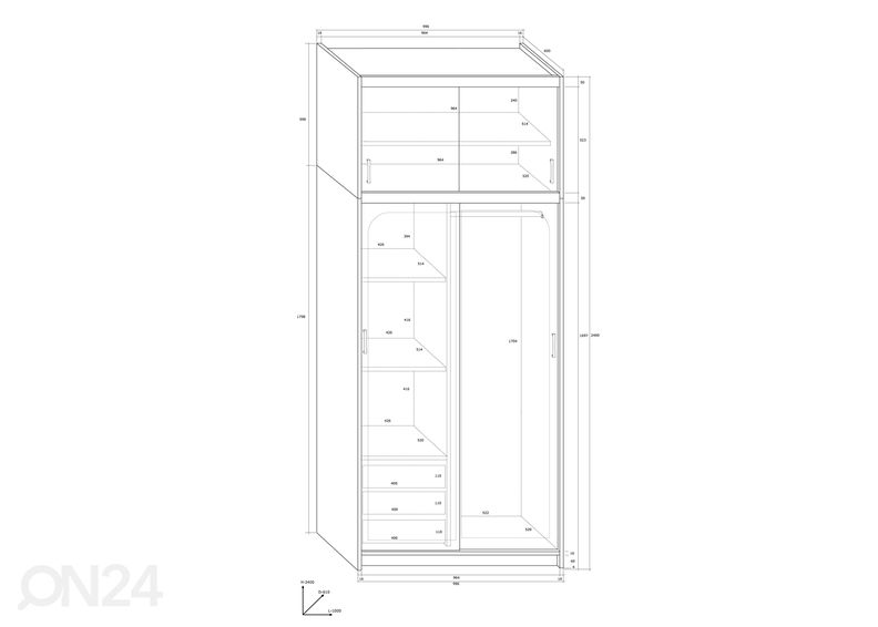 Lükandustega riidekapp Court 100 cm, peegliga suurendatud