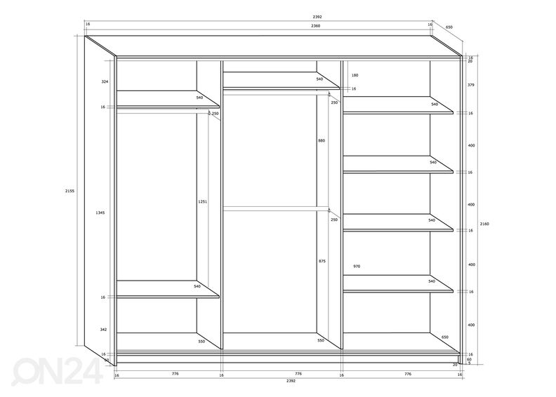 Lükandustega riidekapp Durrus 240 cm suurendatud