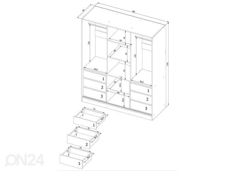 Lükandustega riidekapp peegliga Haines 180 cm suurendatud