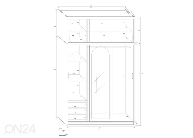 Lükandustega riidekapp Qamma 150 cm suurendatud