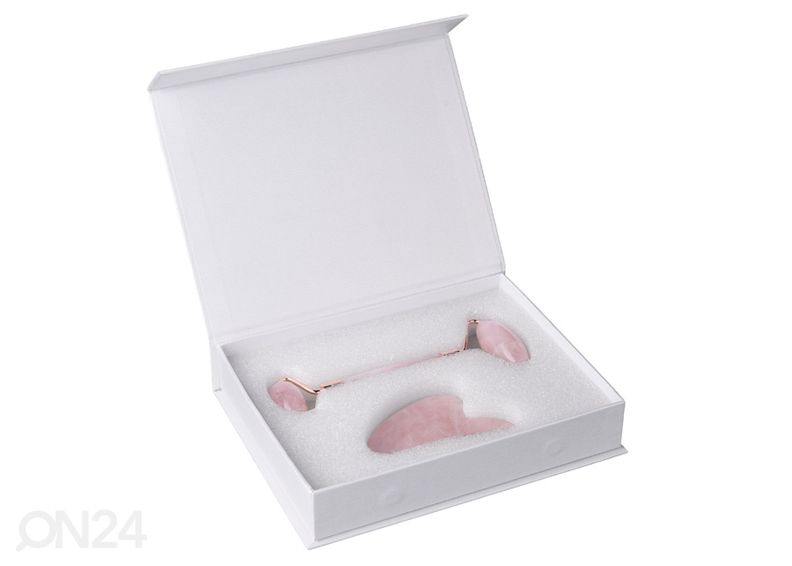Massaažirullik + Gua Sha massaažikivi Roosa kvarts suurendatud