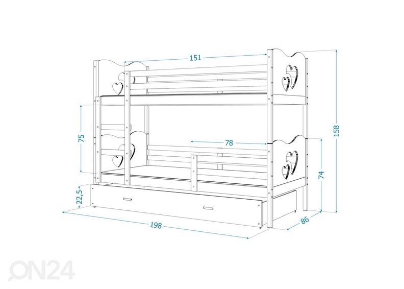 Narivoodi komplekt 80x190 cm, sonoma/roosa suurendatud