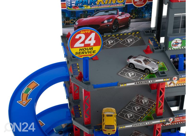 Parkimismaja bensiinijaama ja autopesulaga + 4 autot ja helikopter suurendatud