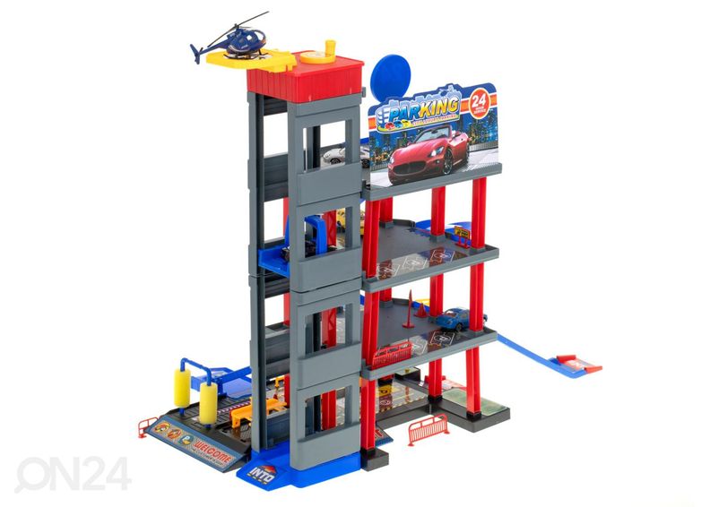 Parkimismaja bensiinijaama ja autopesulaga + 4 autot ja helikopter suurendatud