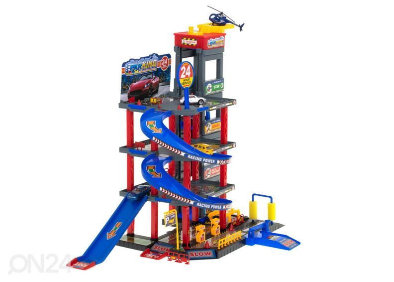 Parkimismaja bensiinijaama ja autopesulaga + 4 autot ja helikopter suurendatud