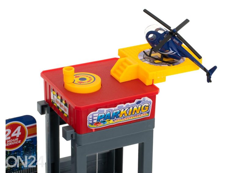 Parkimismaja bensiinijaama ja autopesulaga + 4 autot ja helikopter suurendatud