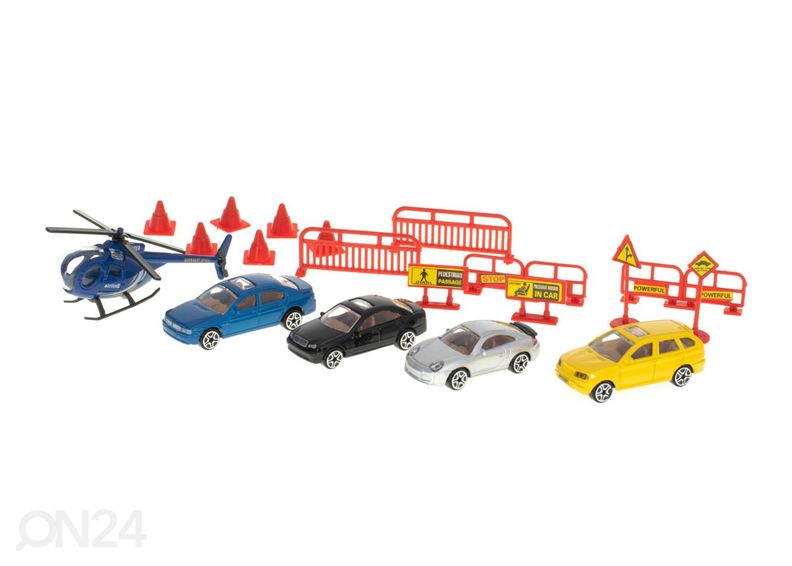 Parkimismaja bensiinijaama ja autopesulaga + 4 autot ja helikopter suurendatud