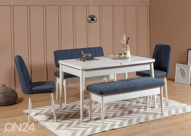 Pikendatav söögilaud 80x130-165 cm + 2 tooli+2 pinki suurendatud