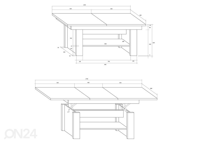 Reguleeritav diivanilaud Skib 125/170x68 cm suurendatud