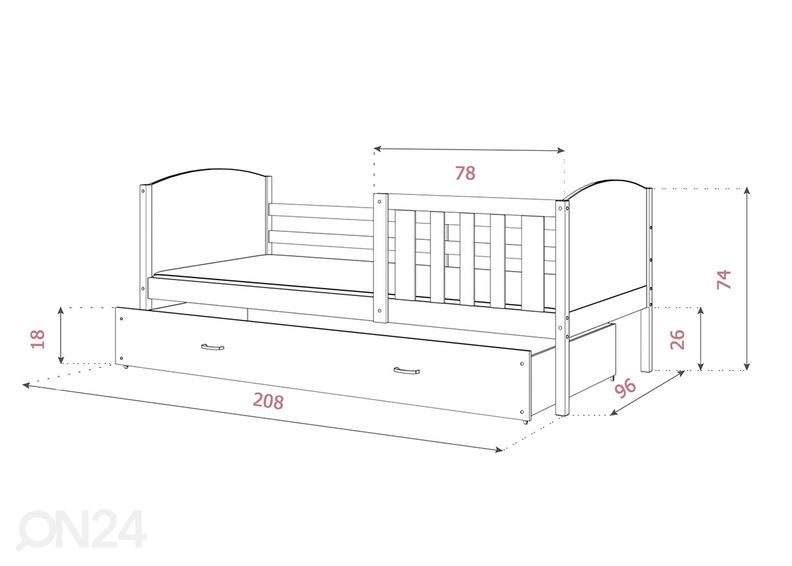 Sahtliga lastevoodi 90x200 cm suurendatud