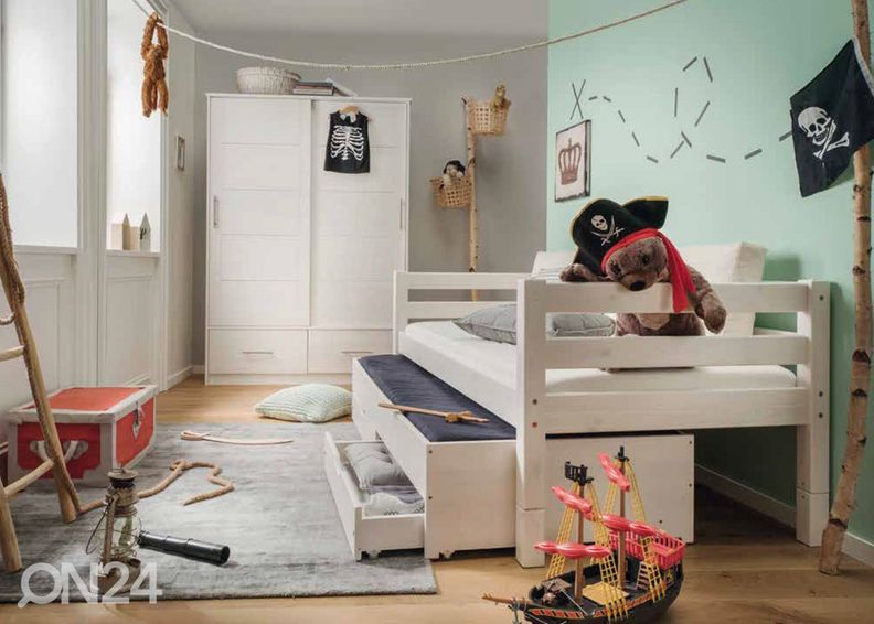 Suwem täispuidust voodi Fantazy 90x200 cm, turvapiirete ja sahtlitega lisavoodiga suurendatud