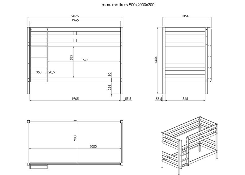 Täispuidust narivoodi 90x200 cm suurendatud