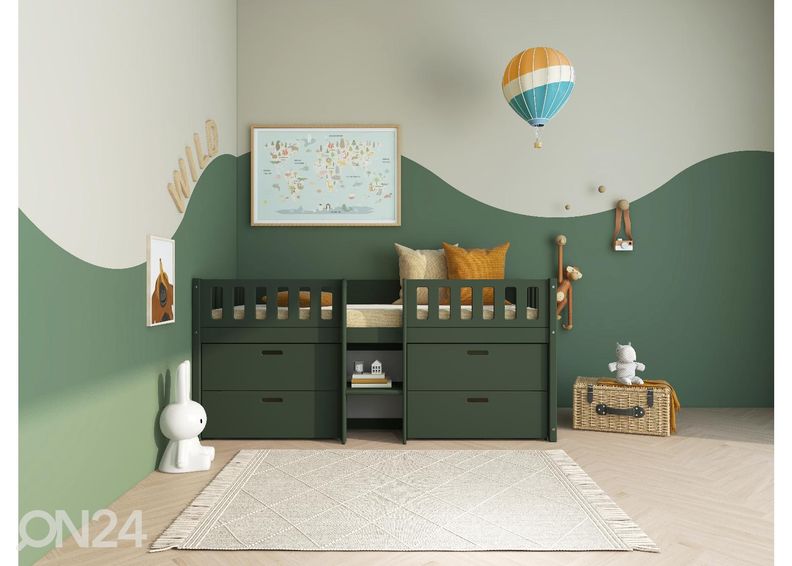 Thuka lastevoodi Viggo poolkõrge sahtlitega, roheline suurendatud