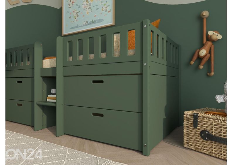 Thuka lastevoodi Viggo poolkõrge sahtlitega, roheline suurendatud