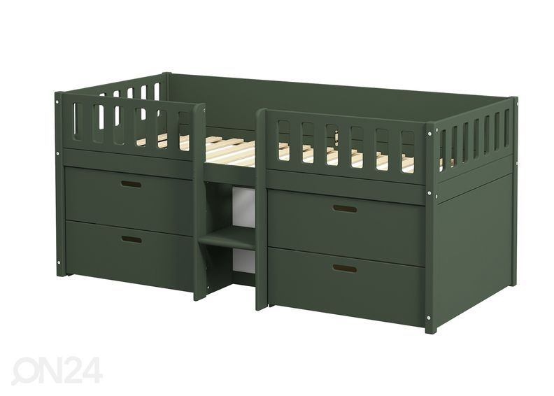 Thuka lastevoodi Viggo poolkõrge sahtlitega, roheline suurendatud