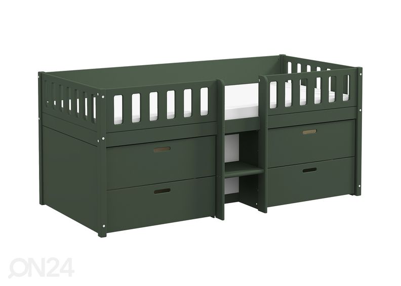 Thuka lastevoodi Viggo poolkõrge sahtlitega, roheline suurendatud