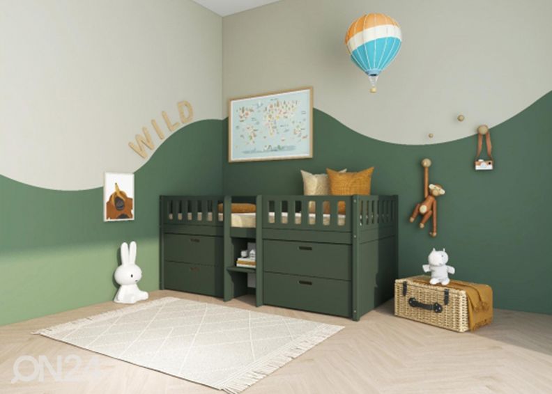 Thuka lastevoodi Viggo poolkõrge sahtlitega, roheline suurendatud