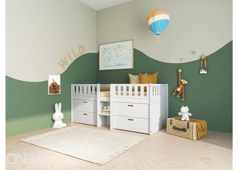 Thuka lastevoodi Viggo poolkõrge sahtlitega, valge suurendatud