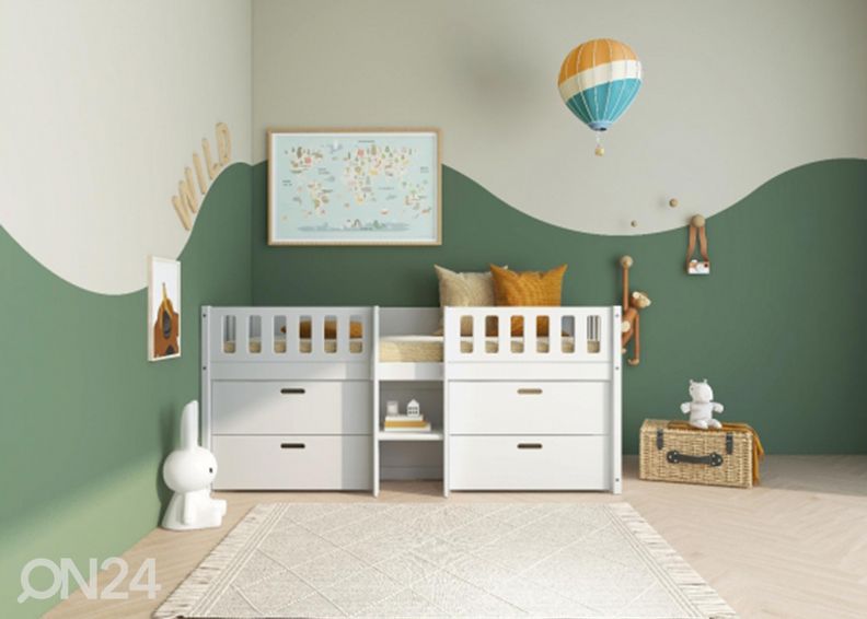 Thuka lastevoodi Viggo poolkõrge sahtlitega, valge suurendatud