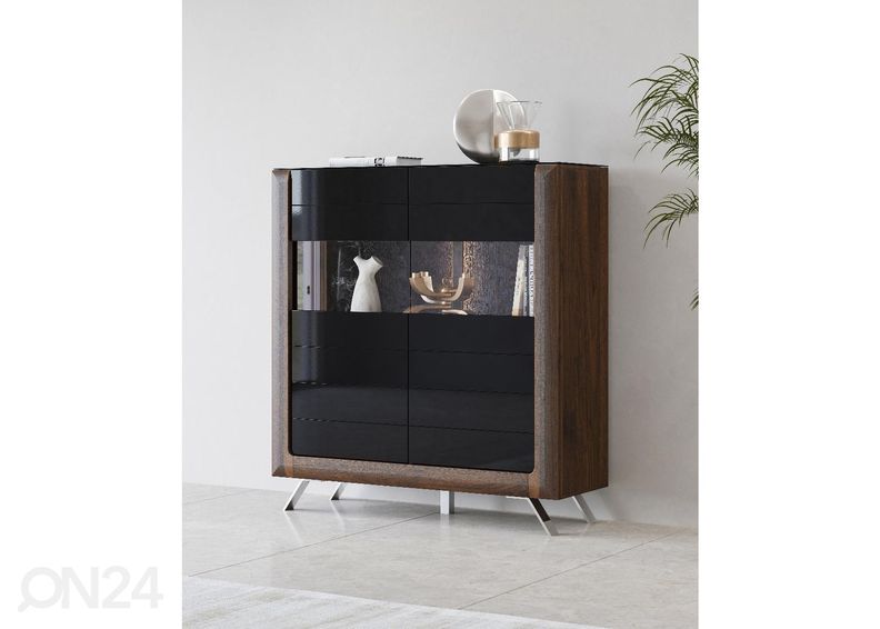 Vitriinkapp Cassandra 128 cm, pähkel/läikiv must suurendatud