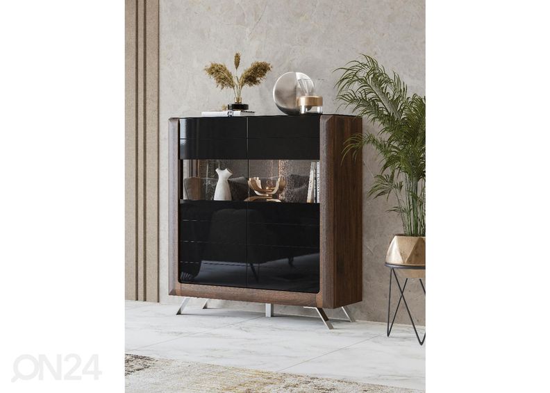 Vitriinkapp Cassandra 128 cm, pähkel/läikiv must suurendatud