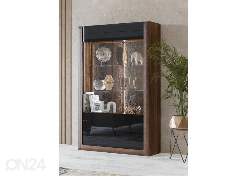 Vitriinkapp Cassandra 129 cm, pähkel/läikiv must suurendatud