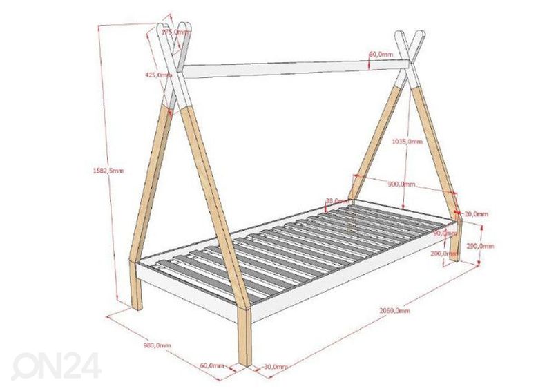Voodi Tipi 90x200 cm, valge/naturaalne suurendatud