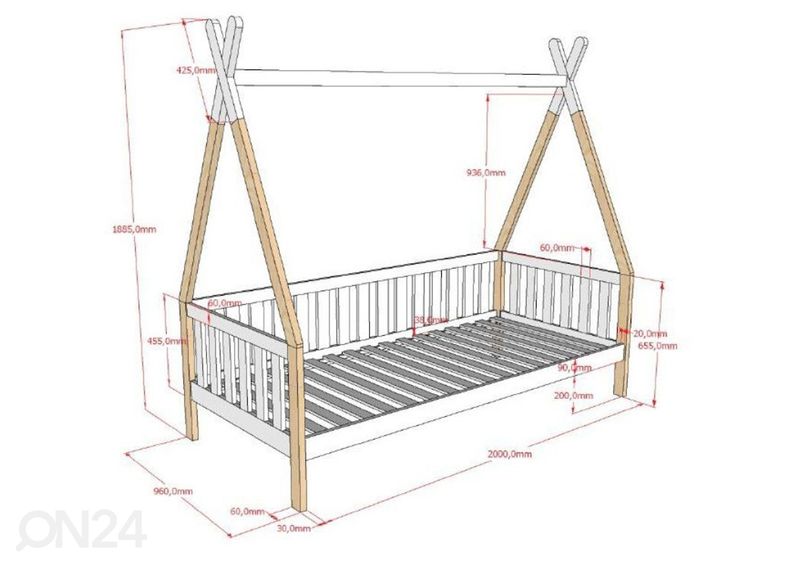 Voodi Tipi 90x200 cm, valge/naturaalne suurendatud