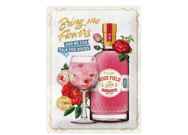 Retro metallposter Pink Gin Flowers 30x40 cm