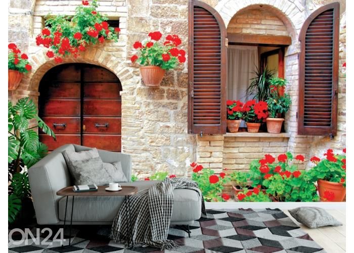 Fliis fototapeet Italian House with Colorful Potted Flowers 368x254 cm suurendatud
