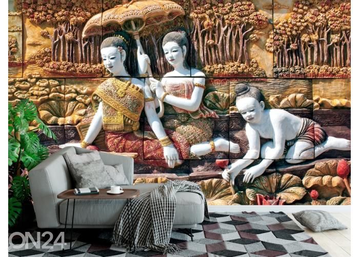 Fliis fototapeet Thai Stone Carving on Temple Wall 368x254 cm suurendatud
