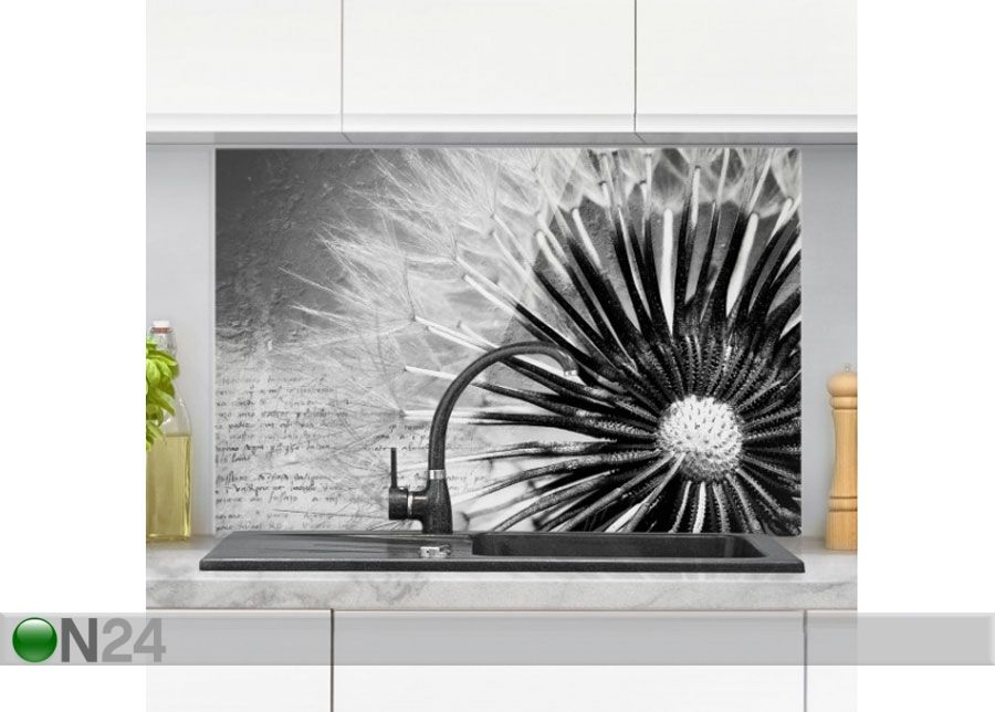 Fotoklaas, köögi tagasein Dandelion Black & White 1, 50x125 cm suurendatud