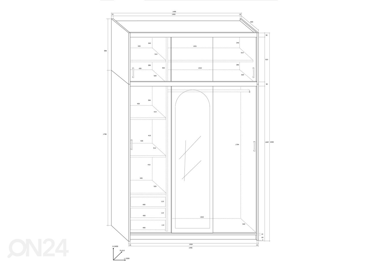 Lükandustega riidekapp 150 cm suurendatud