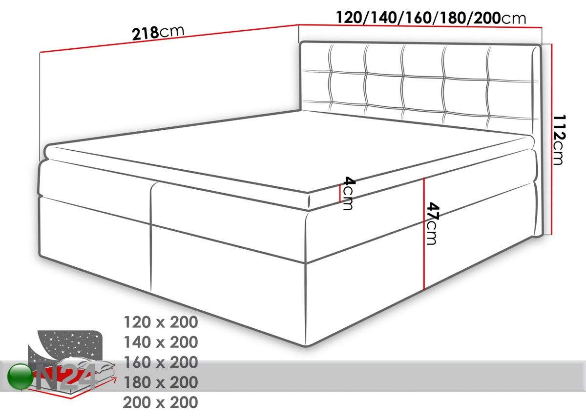 Pesukastiga kontinentaalvoodi 200x200 cm suurendatud