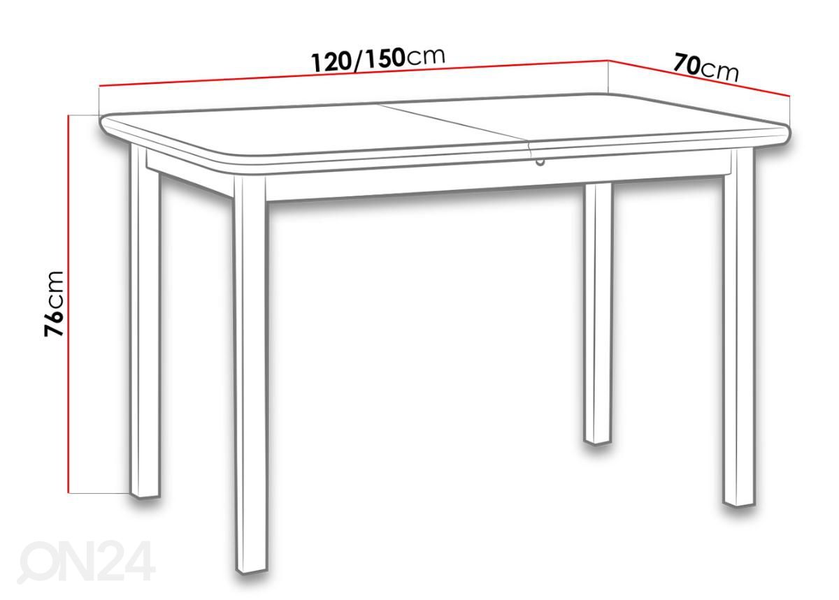 Pikendatav söögilaud 120-150x70 cm + 4 tooli suurendatud