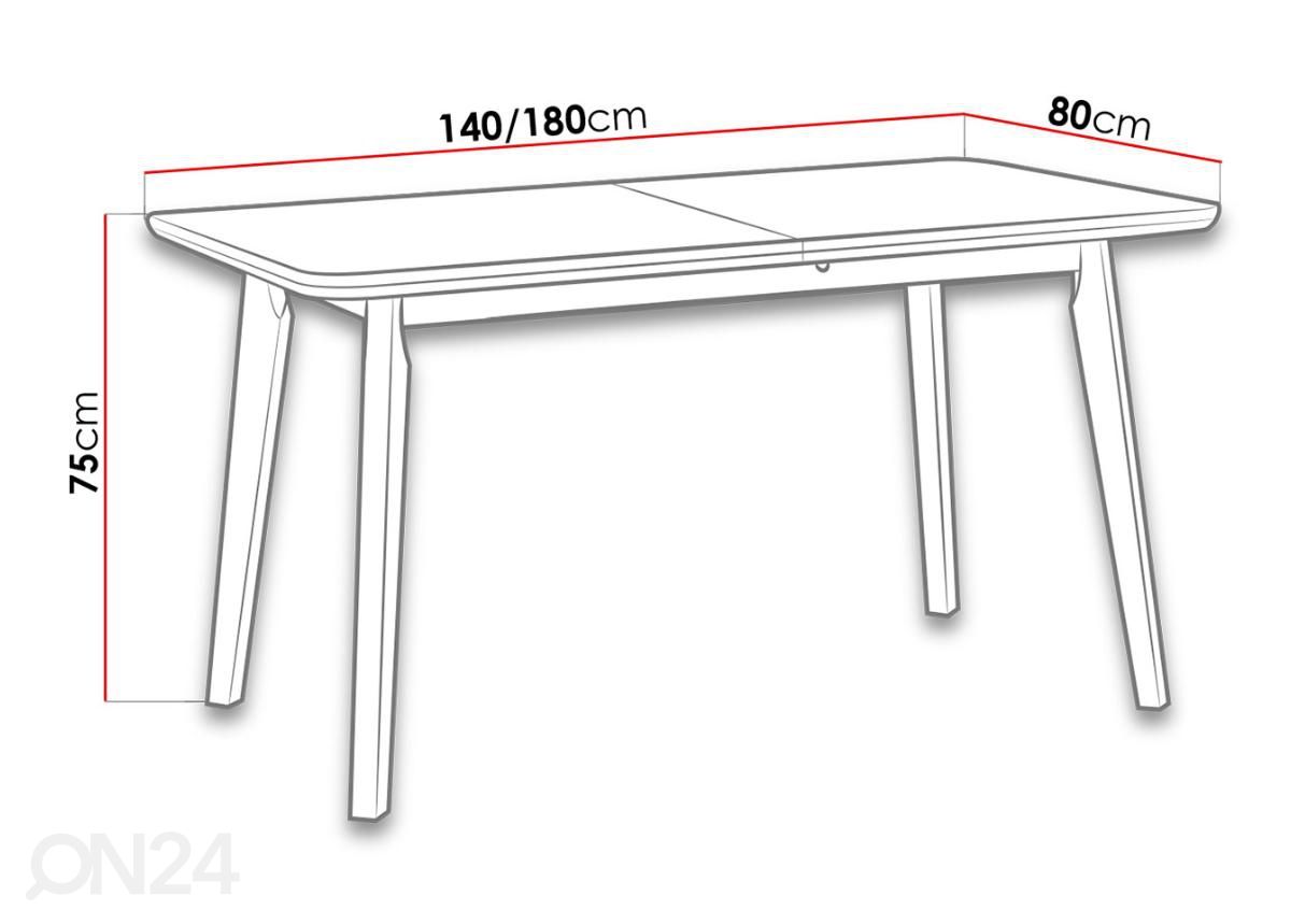 Pikendatav söögilaud 140-180x80 cm + 4 tooli suurendatud