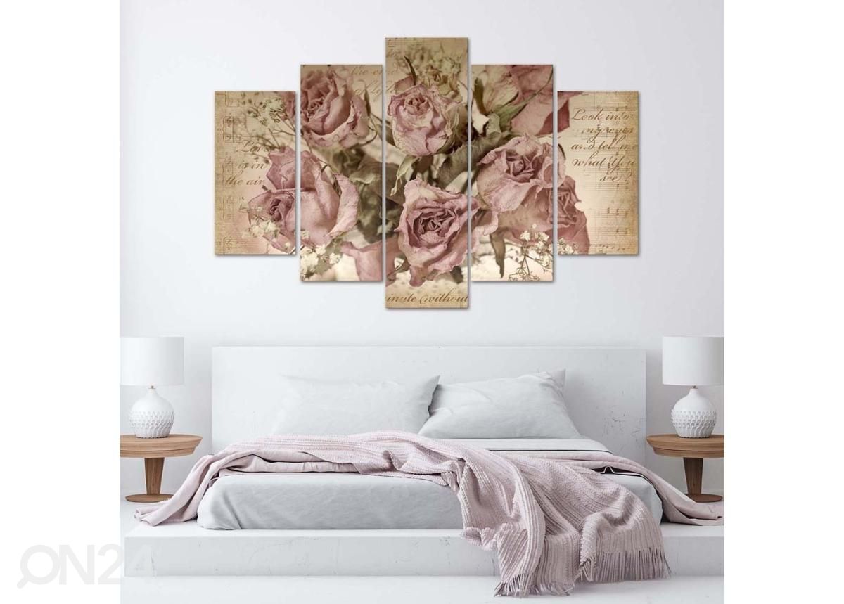 Viieosaline seinapilt Roses and sheet music 100x70 cm suurendatud