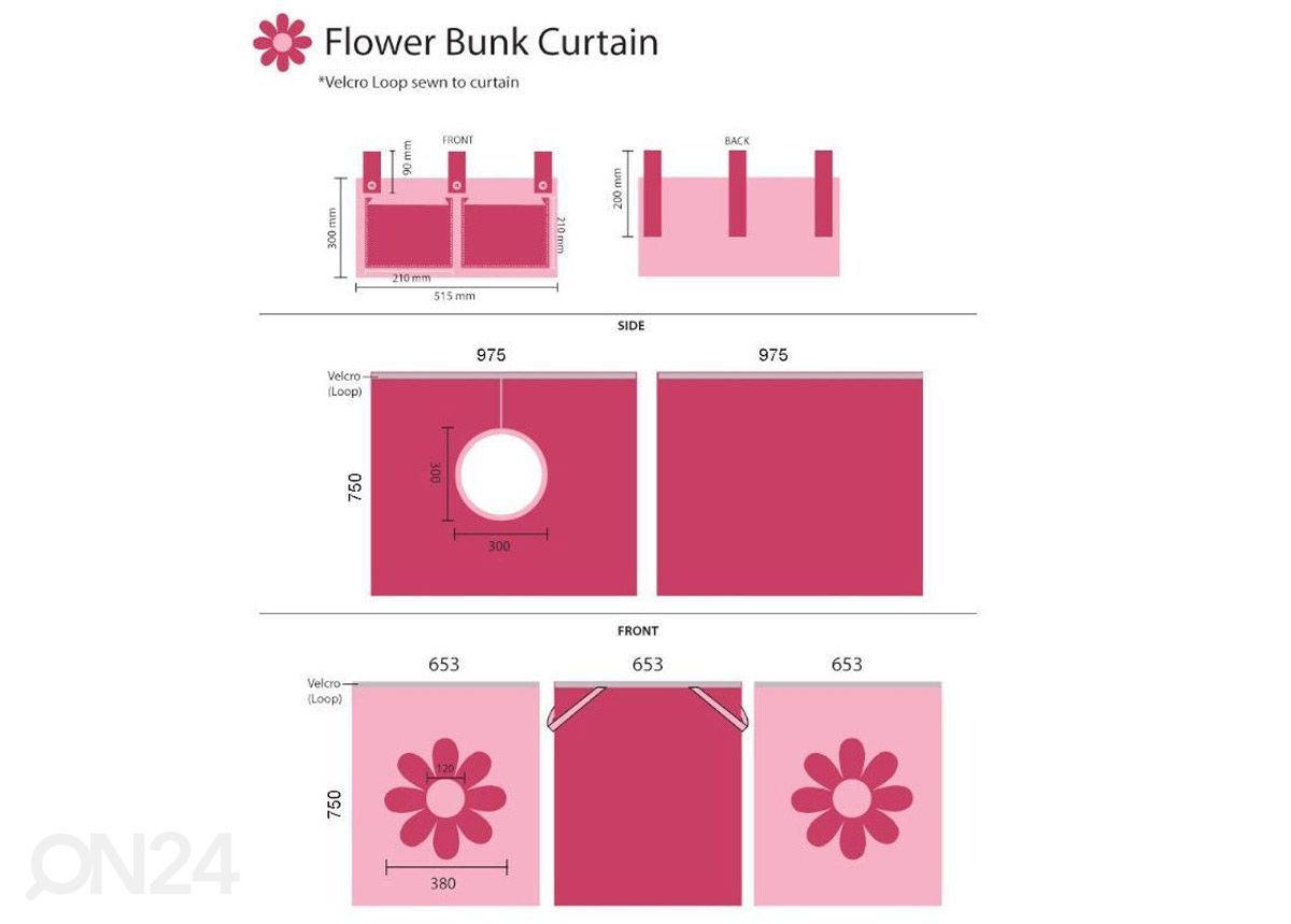 Voodikardin Pino Pink Flower 90x200 cm suurendatud