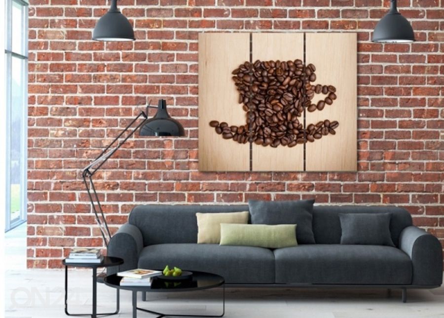 Kolmeosaline seinapilt Cup of coffee beans 3D 90x80 cm suurendatud