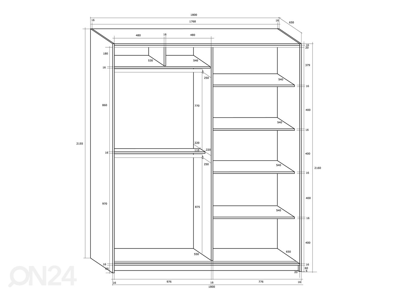 Lükandustega riidekapp 180 cm suurendatud