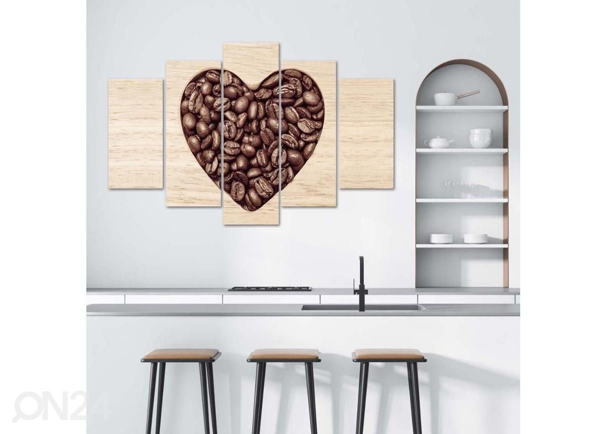 Viieosaline seinapilt Heart of Coffee 100x70 cm suurendatud