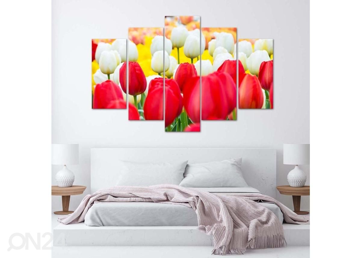 Viieosaline seinapilt White and Red Tulips 150x100 cm suurendatud