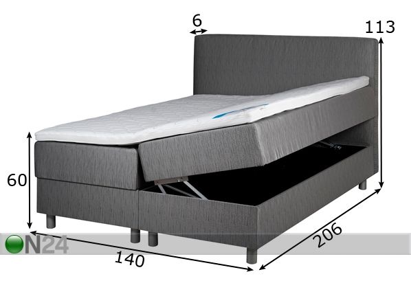 Hypnos voodi 140x200 cm kahe pesukastiga mõõdud