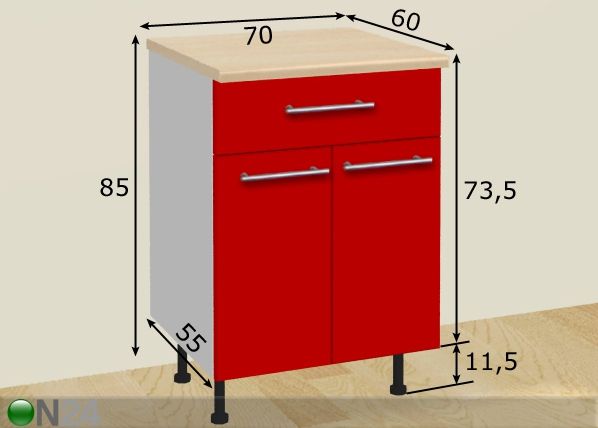 Kahe ukse ja sahtliga köögikapp 70 cm mõõdud