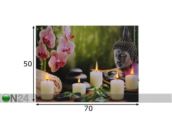 LED pilt Buddha with Candles & Orchids 50x70 cm mõõdud