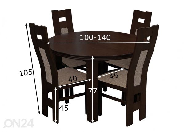 Pikendatav söögilaud 100x100-140 cm + 4 tooli mõõdud