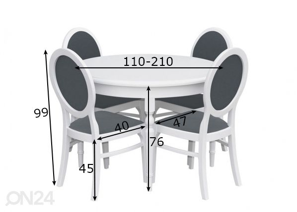 Pikendatav söögilaud 110x110-210 cm+ 4 tooli mõõdud