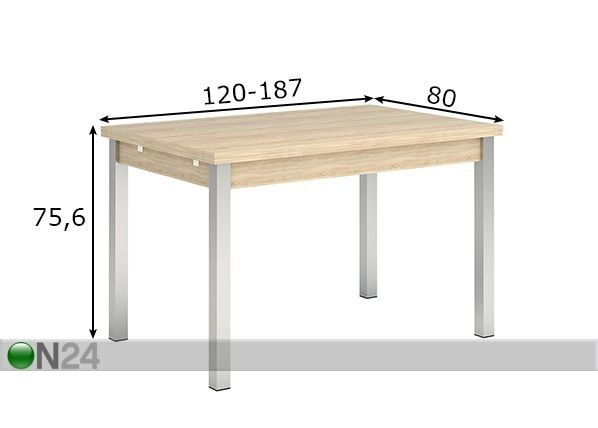 Pikendatav söögilaud 80x120-187 cm, valgendatud tamm mõõdud