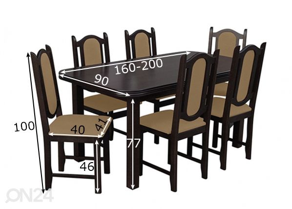 Pikendatav söögilaud 90x160-200 cm + 6 tooli mõõdud